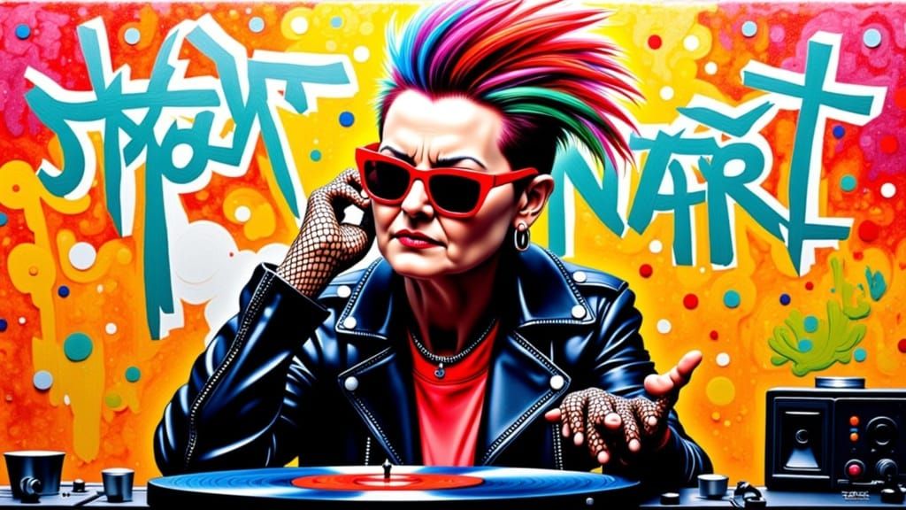 Rebellious Elderly Woman in Punk Rock Attire, Pointillist St...