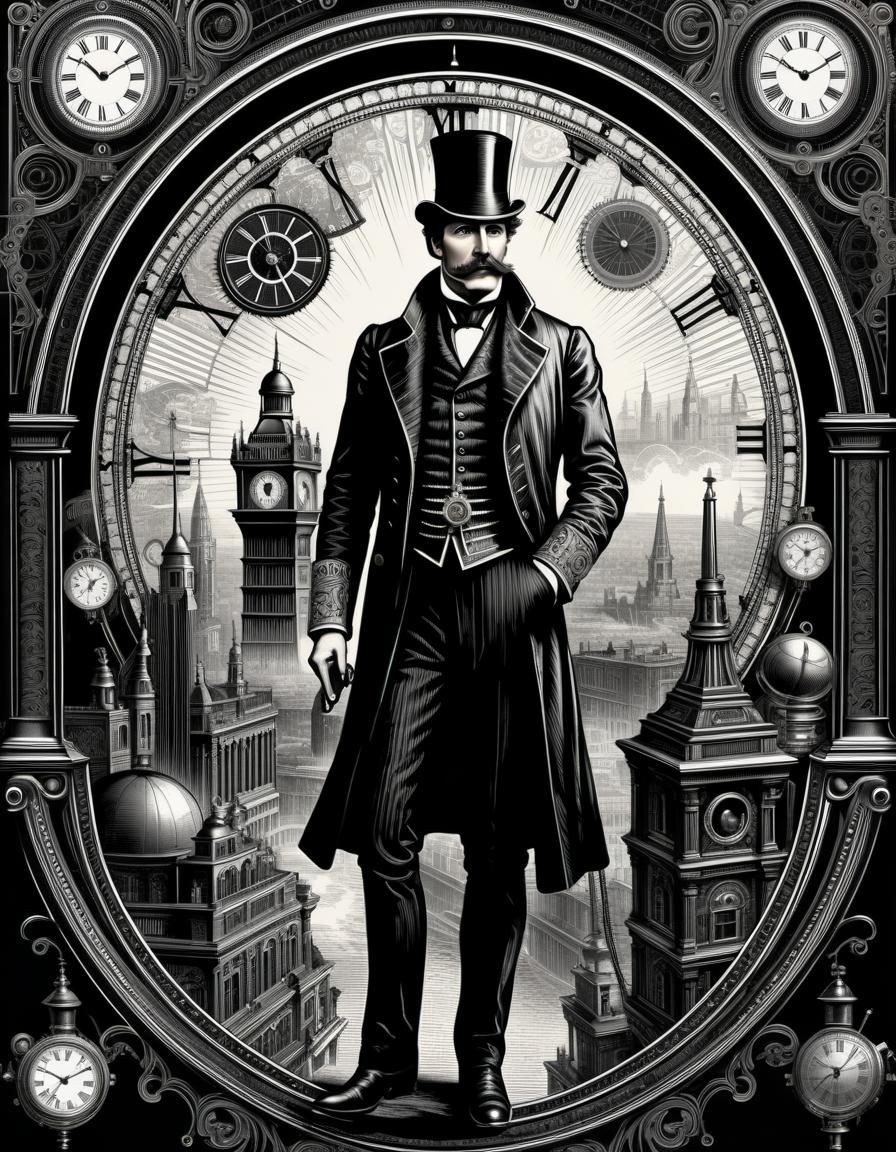 19th-century engraving style illustration of a time traveler...