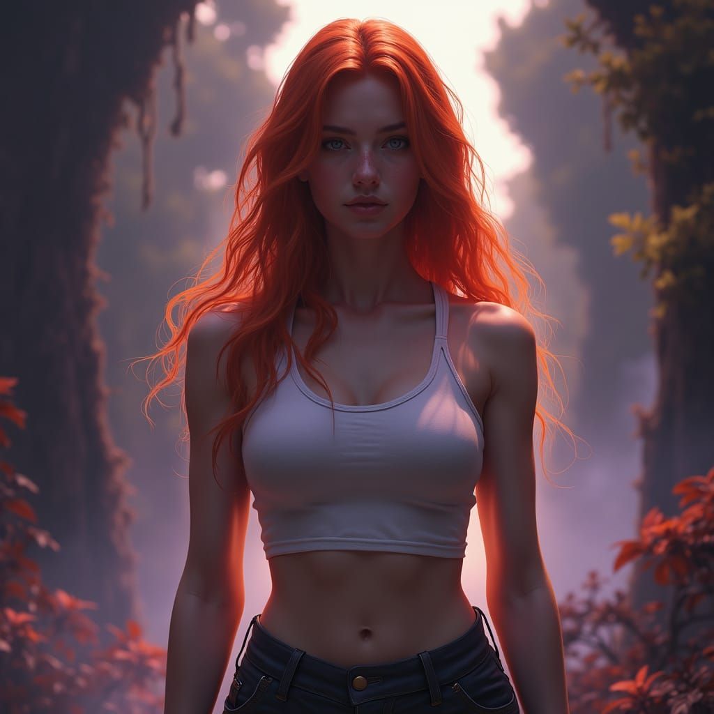 Redhead Woman in Mystical Realm: Dark Fantasy Art