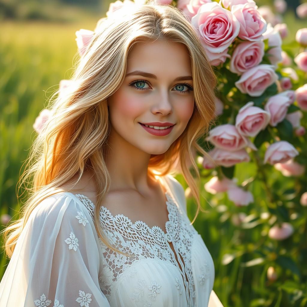 Golden-Haired Woman in Rose Garden, Watercolor Style