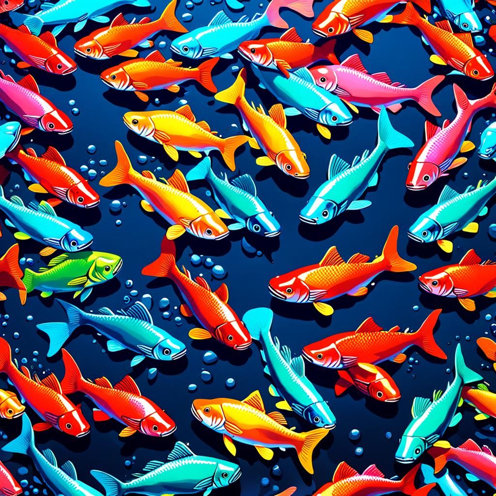 Neon Tetra Swarm in Luminous Metallic Pop-Art Style