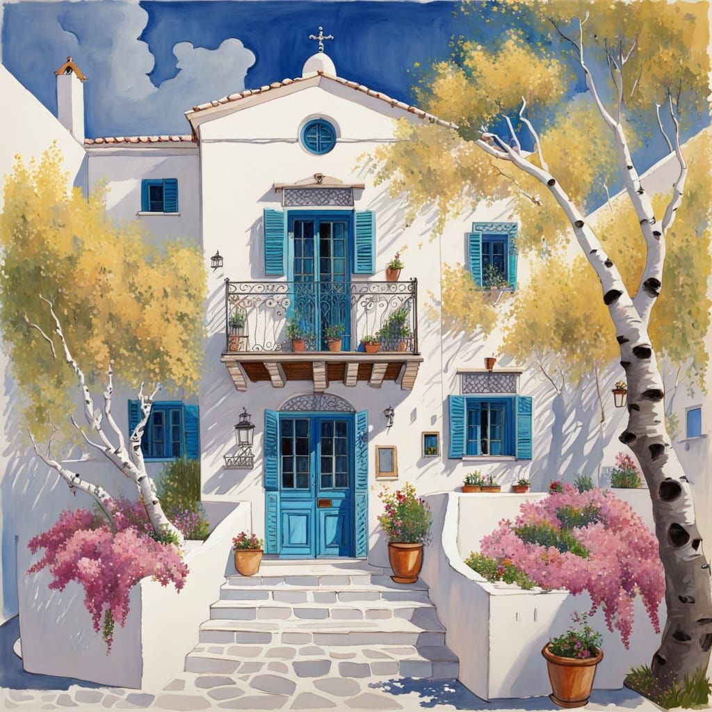 Santorini House Facade with Bougainvillea, Gouache Painting
