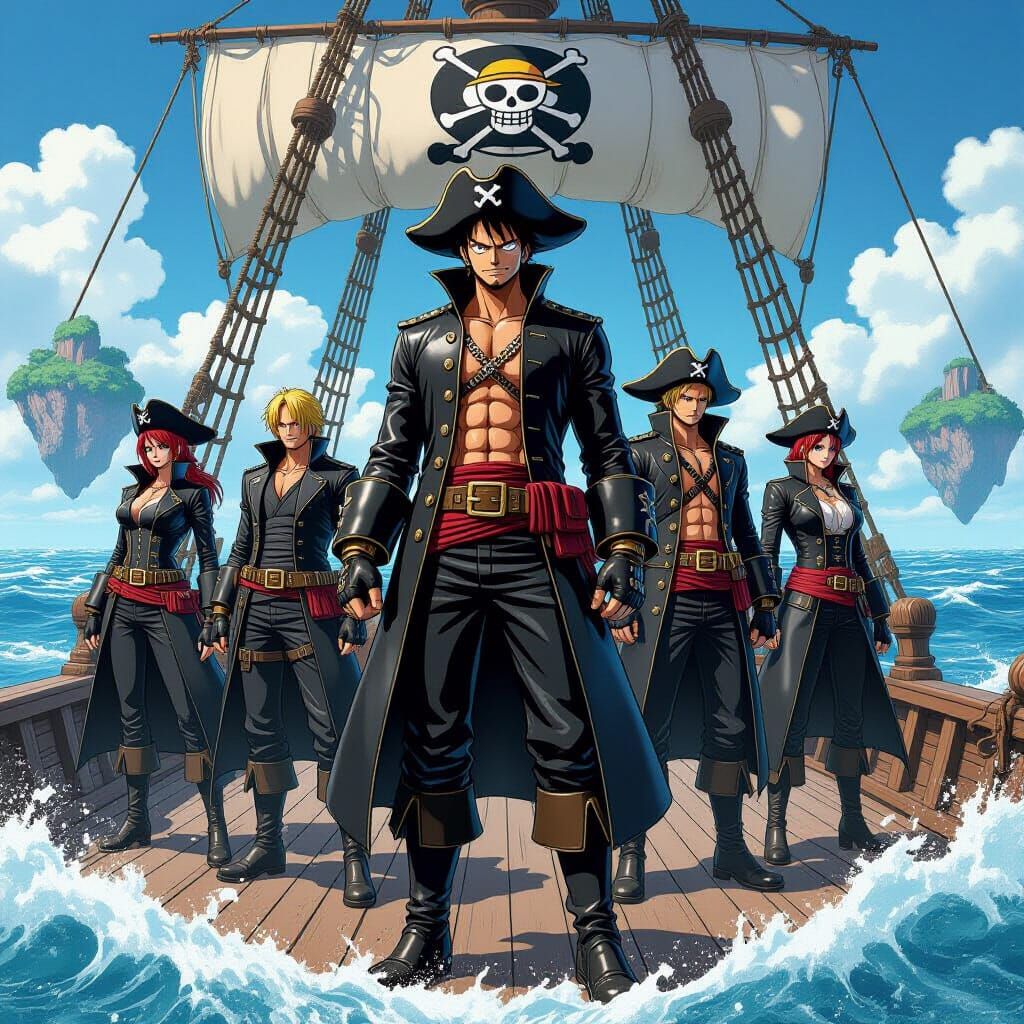 One Piece Pirate Crew on a Ship in Anime Style