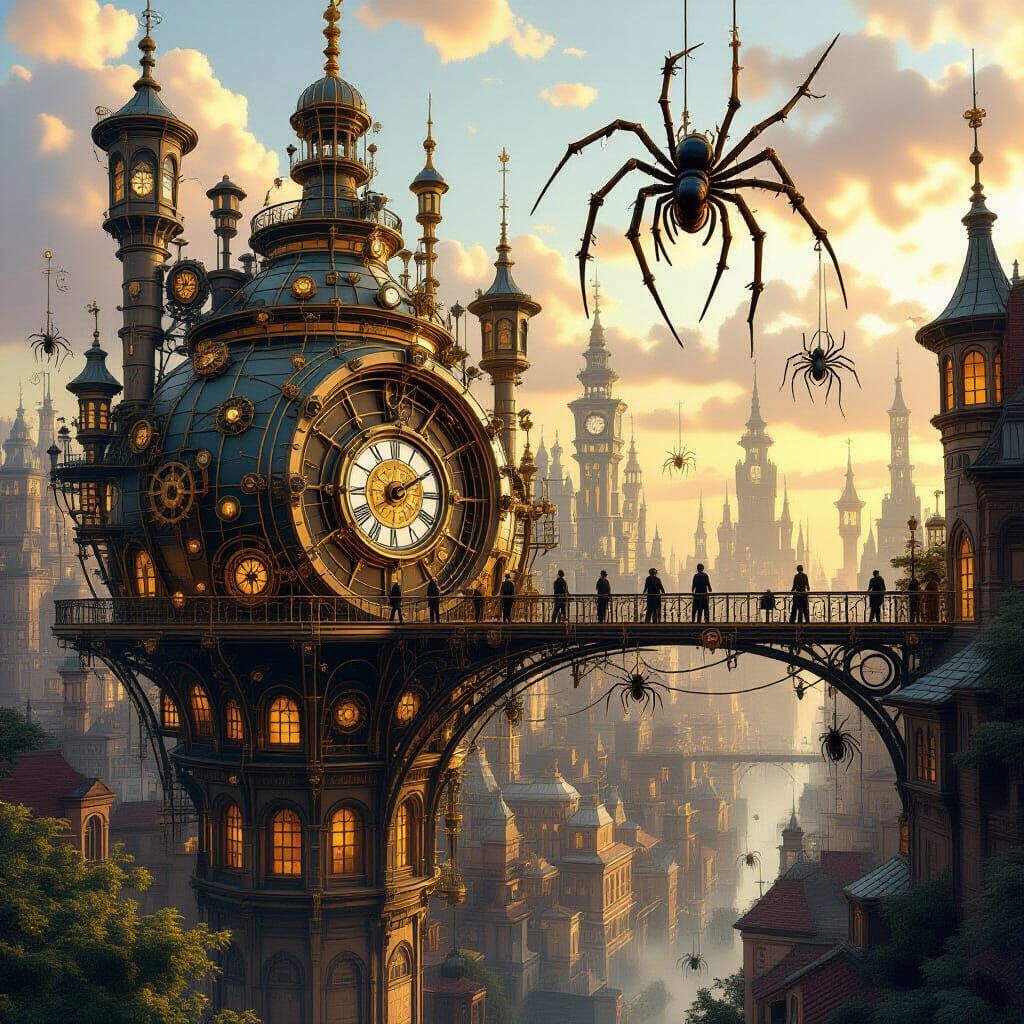 Steampunk City of Metallic Spiderwebs and Clockwork Spiders