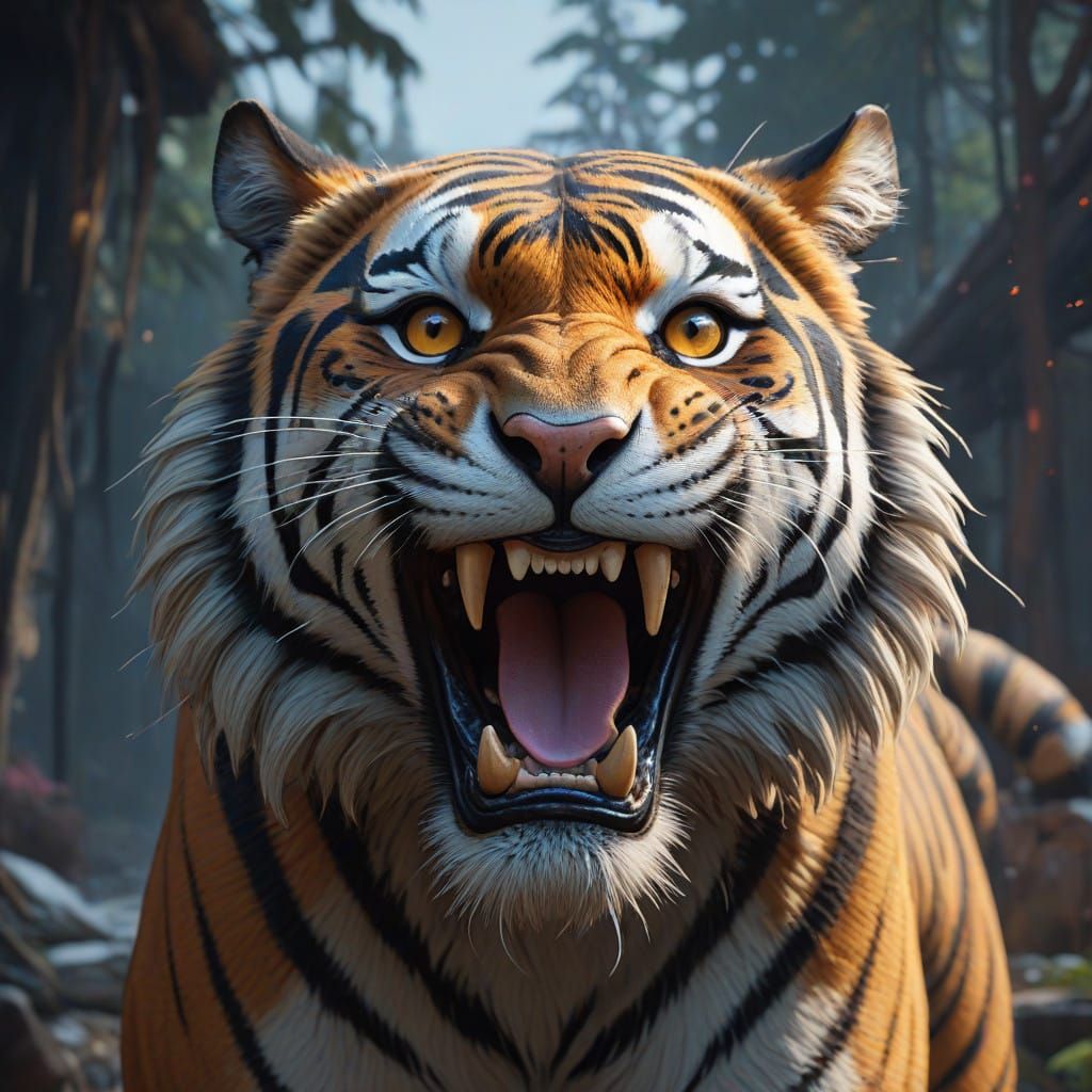Majestic Tiger Face in Dark Mode with Polished Gold Eyes