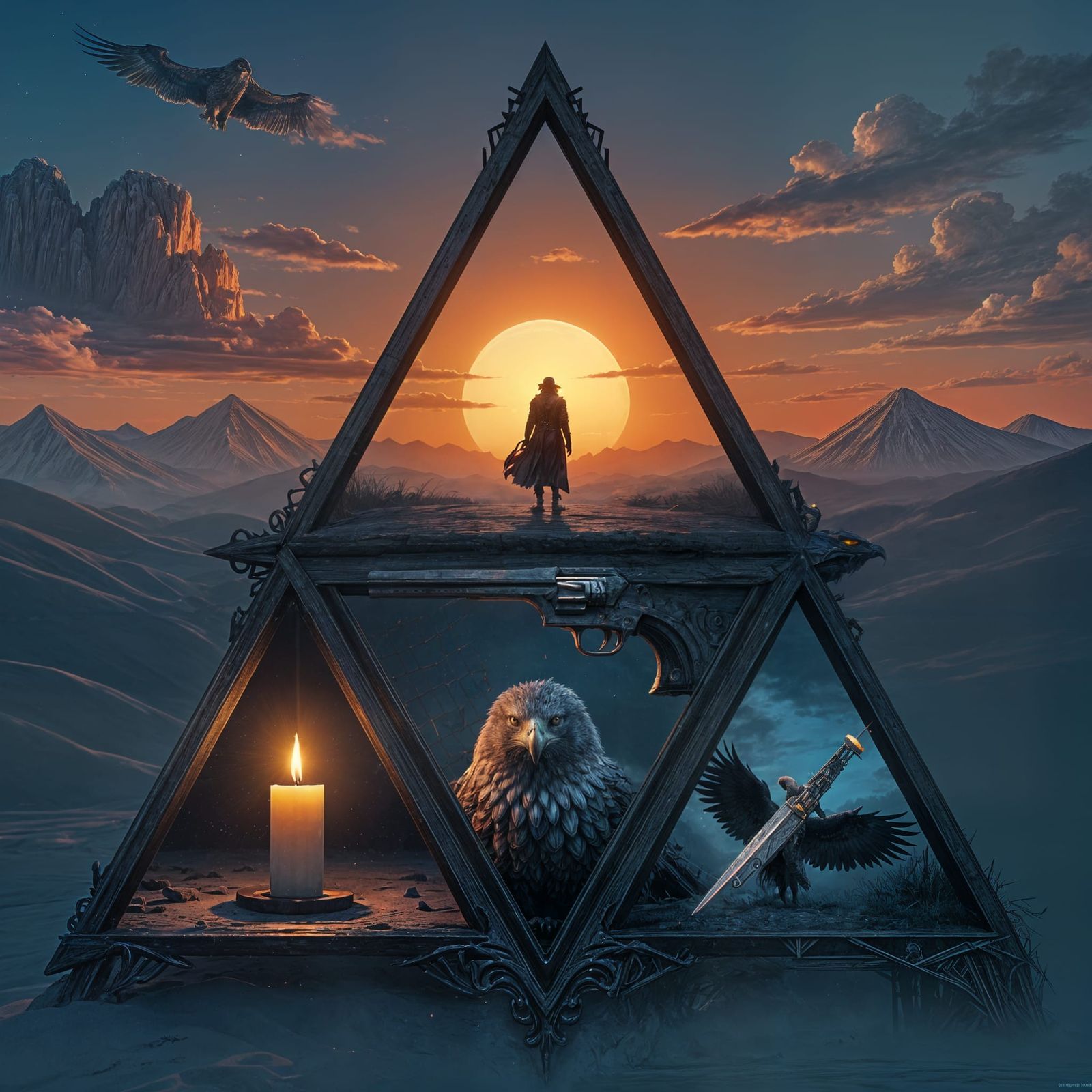 Fantasy Triptych: Sunset, Candle & Pistol, Hawk with Dagger