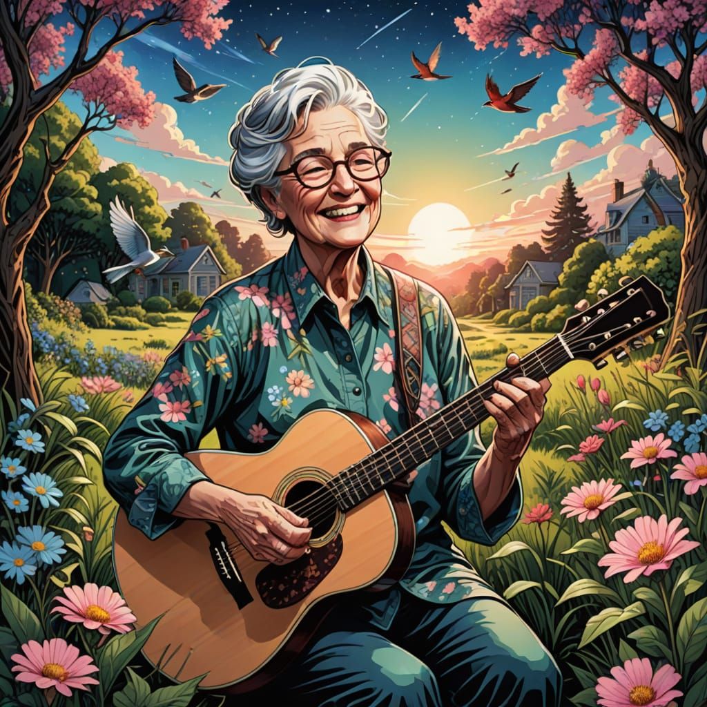 Serenely Happy Granny Plays Guitar in Vibrant Garden