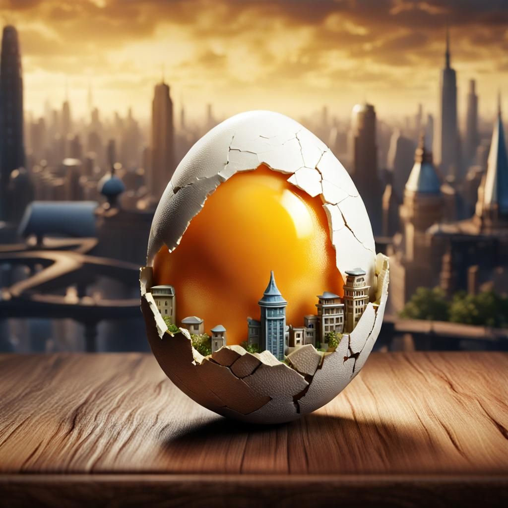 Miniature City Inside Cracked Egg: Photorealistic Fantasy