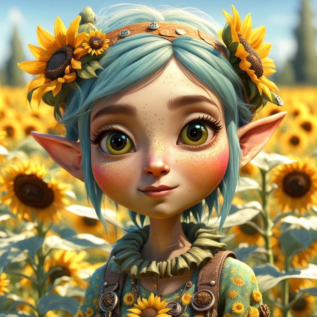 Pixie Elf in Sunflower Field: Digital Art