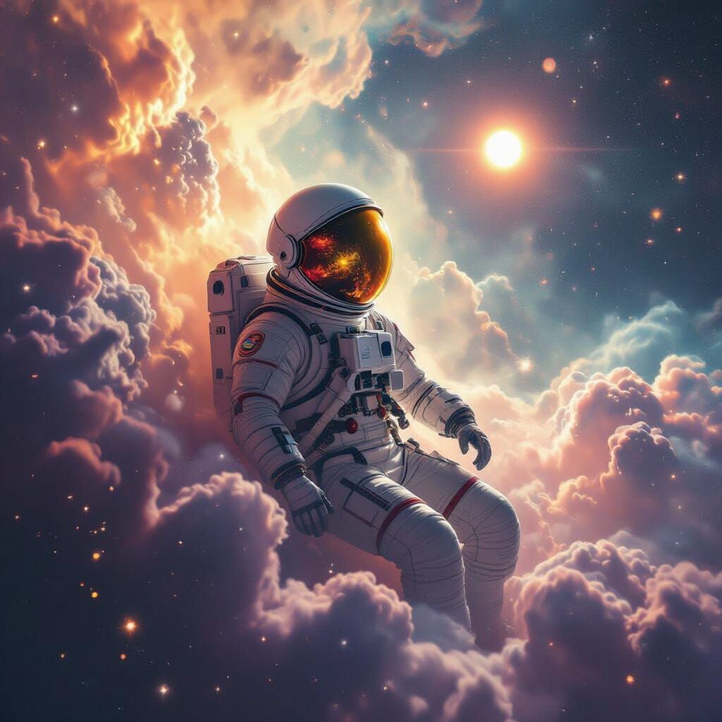 Astronaut Lost in Cosmic Nebula Reflecting Alien Sun