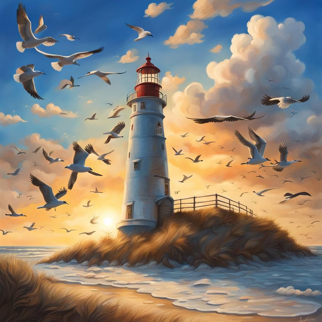 Hyperrealistic Lighthouse on Roaring Beach at Sunset