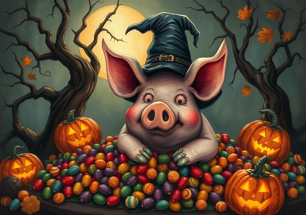 Halloween Pig Surrounded by Candy, Children's Book Illustrat...
