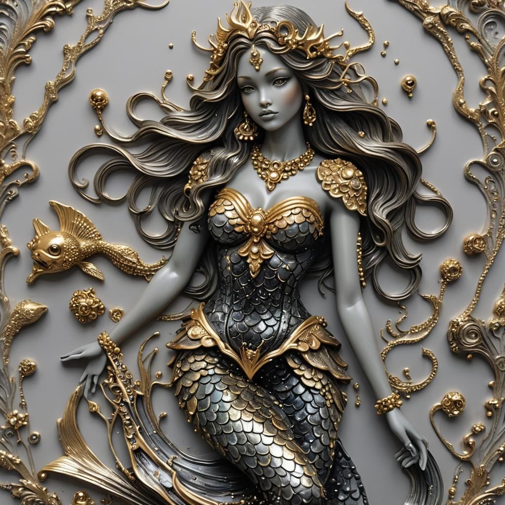 Shimmering Mermaid with Pearls in Gold and Black