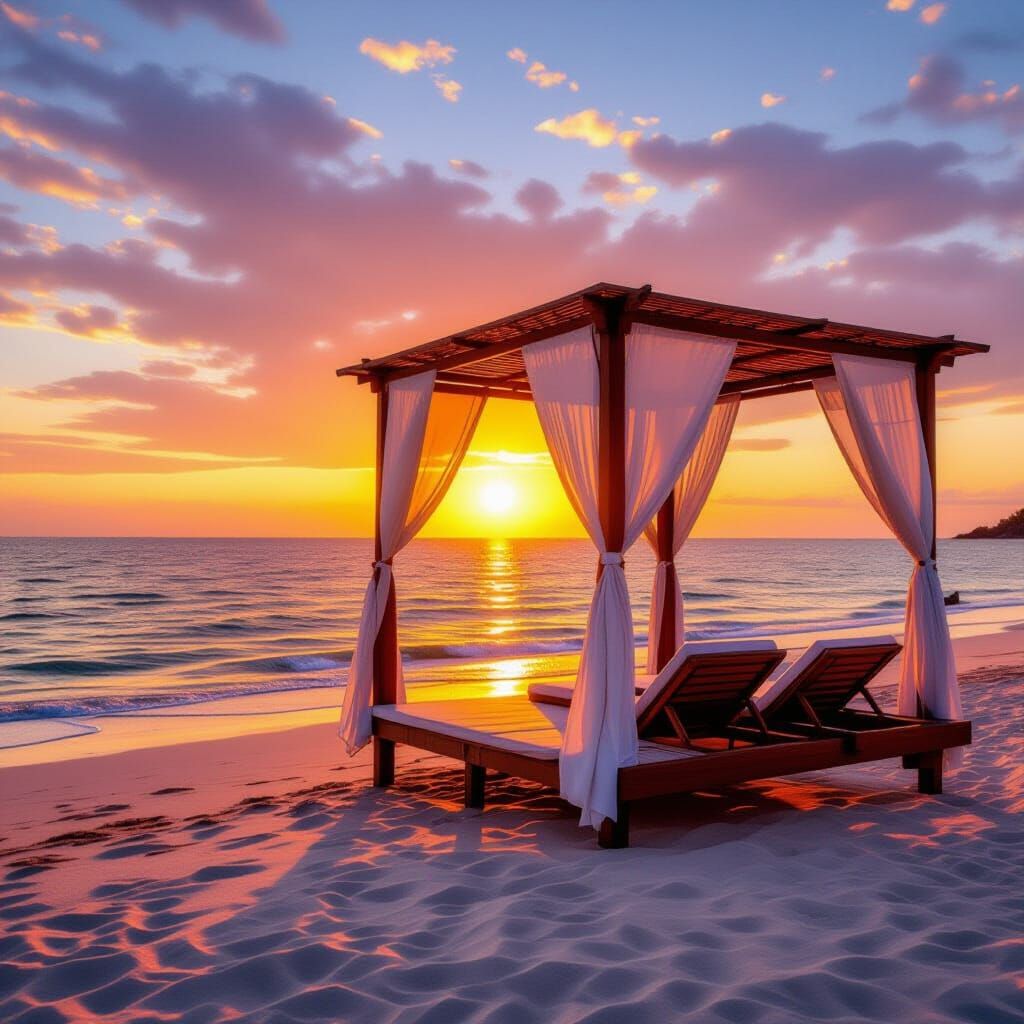 Romantic Beach Cabana At Sunset Vibrant Warm Colors