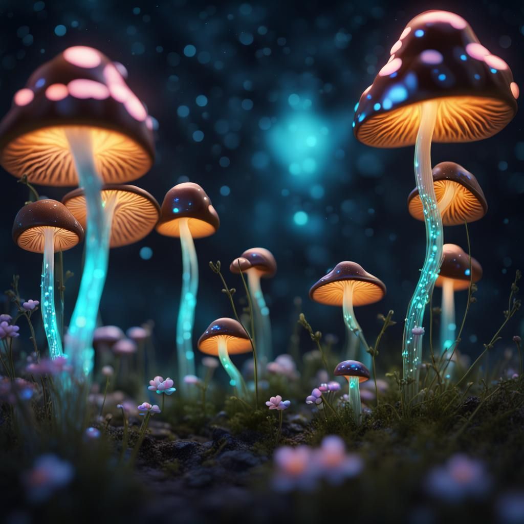 Glowing Bioluminescent Mushroom with Flowers, Digital Art