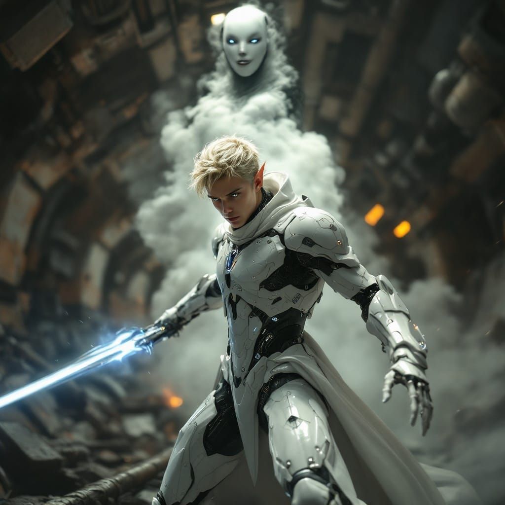 Cyberpunk Elf Battles Dark Goddess in Abandoned Space Statio...