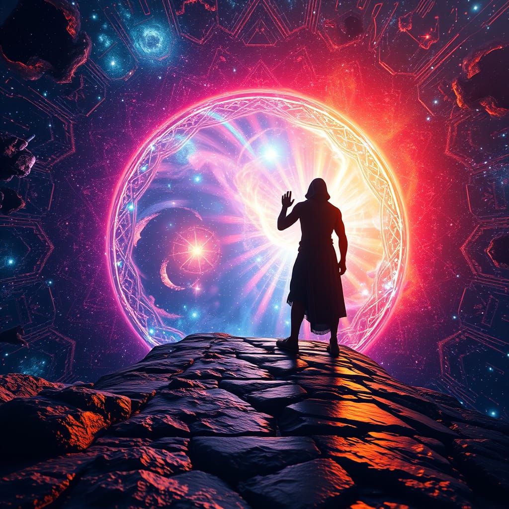 Stone Age Man Peeks Through Futuristic Light Portal