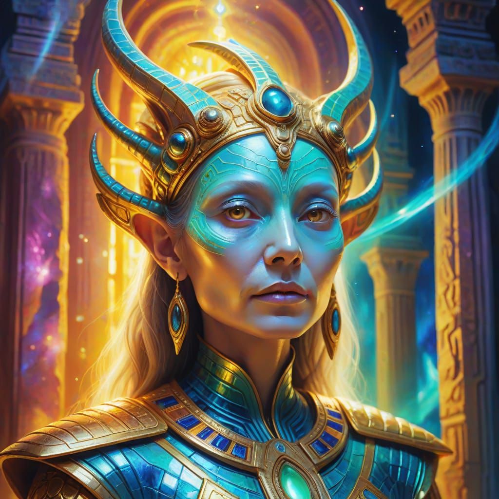 Alien Goddess in Temple: Surreal Oil Painting
