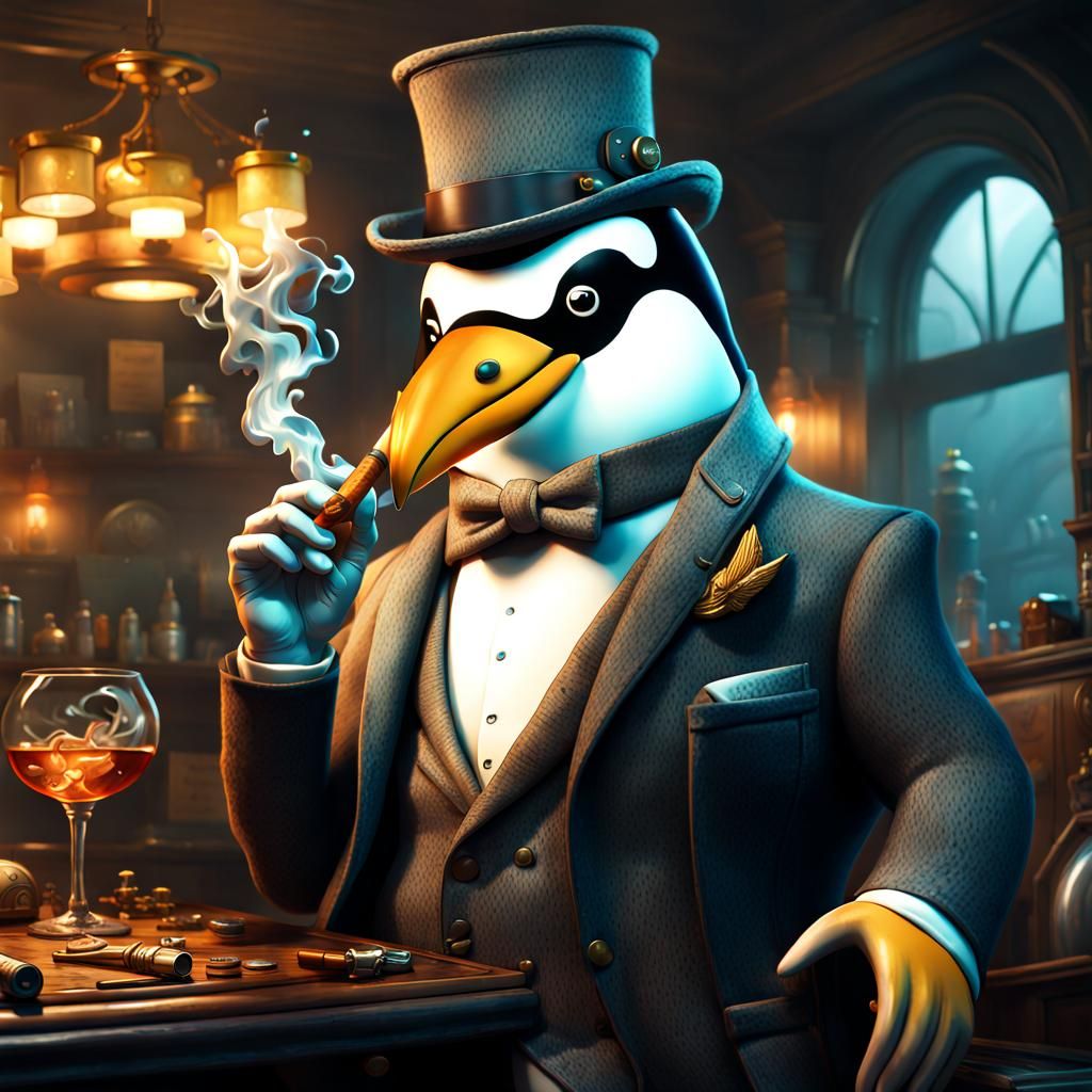 Penguin Mafia Boss Smoking Fish Cigar