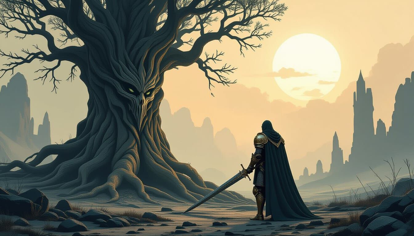 Knight Before Petrified Tree in Desolate Realm