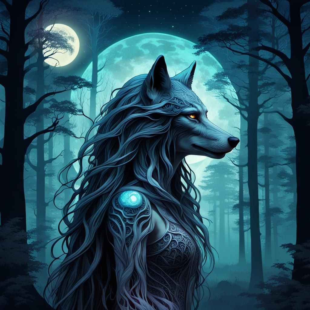 Mysterious Wolf Woman in Moonlit Forest