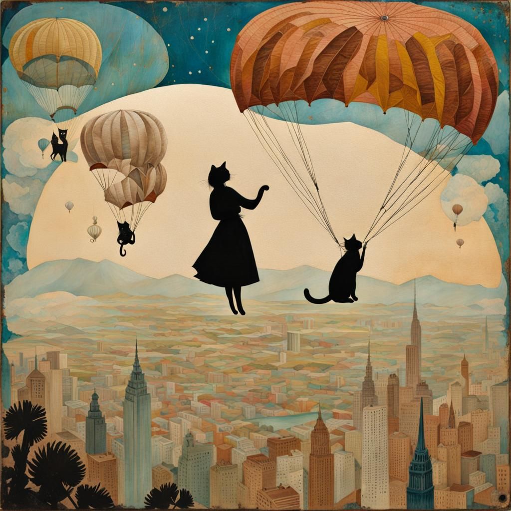 Woman Parachuting with Cat Collage Art