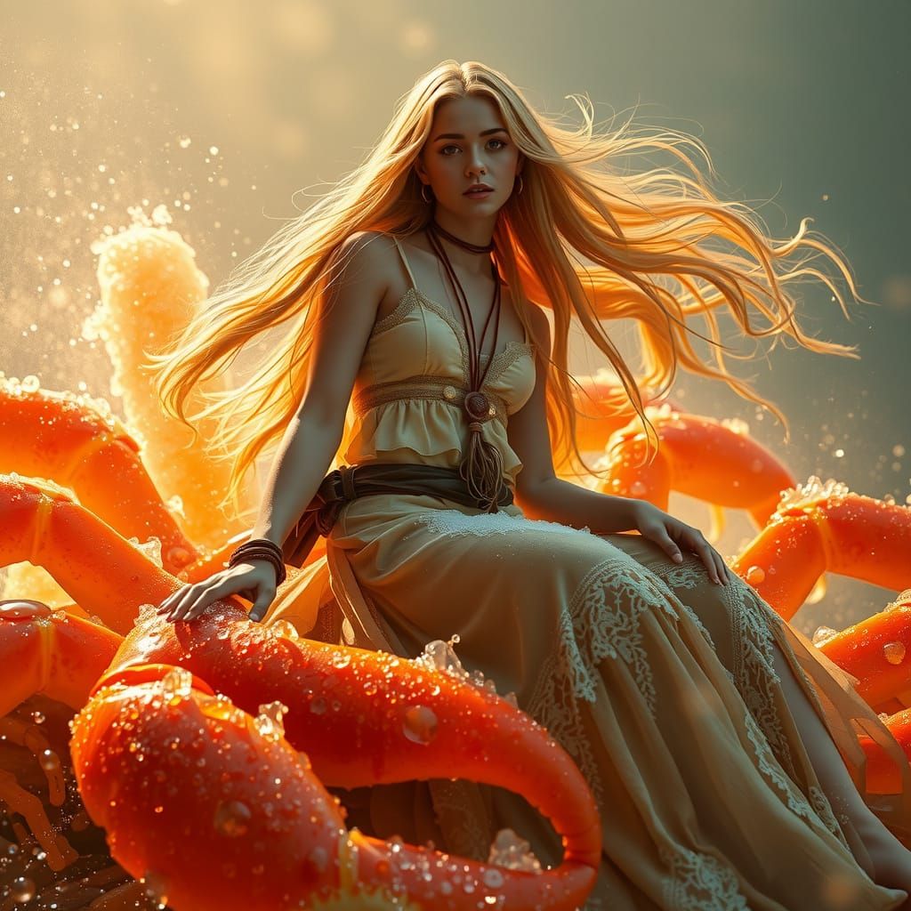 Bohemian Woman Riding Gummy Crab in Soda Sea