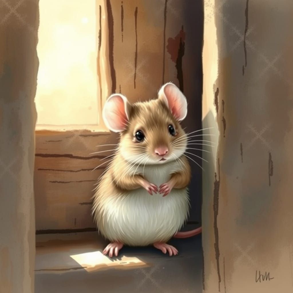 Whimsical Mouse Leans Against Worn Wooden Door
