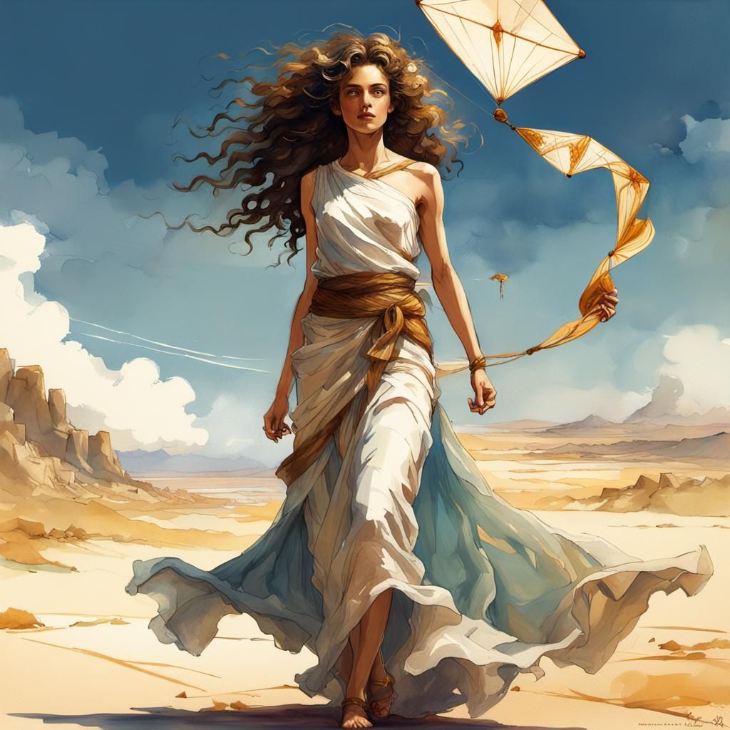 Greek Woman Model Flying Kite, DreamWorks Animation Style