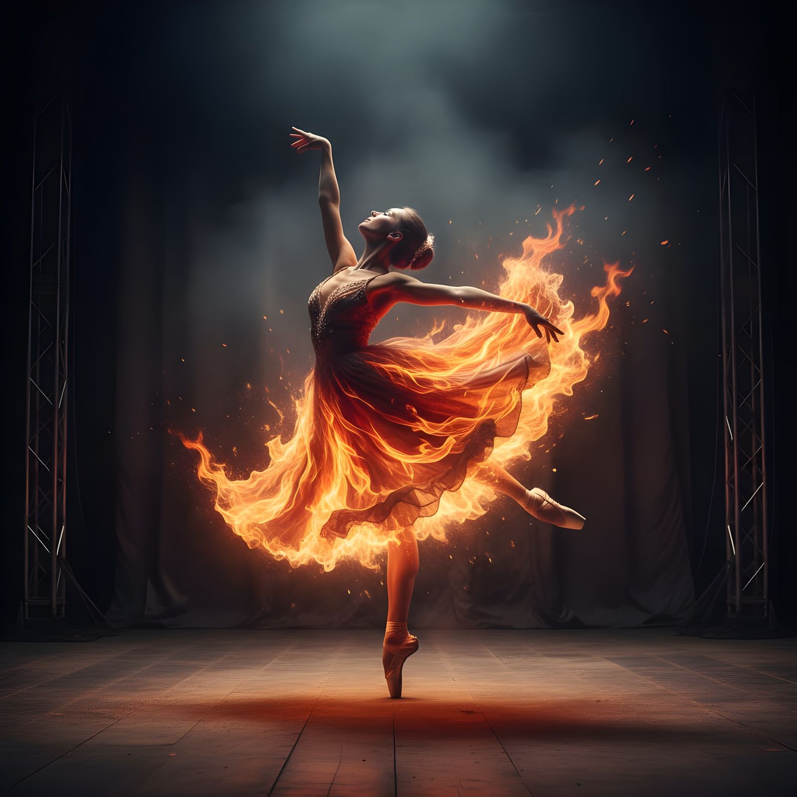 Ballerina of Flames Dances on Dark Stage