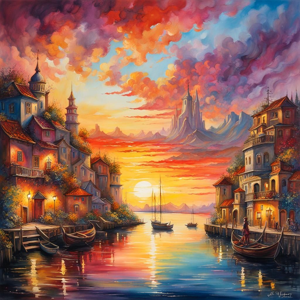 Fantasycore Sunset Bay Watercolor Painting