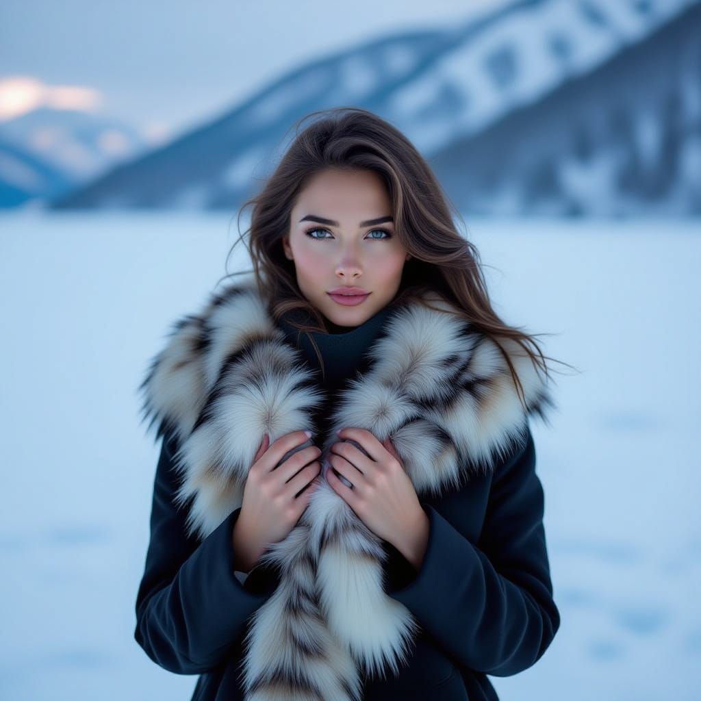 Woman's Hands Hold Fur Belt by Winter Lake Baikal