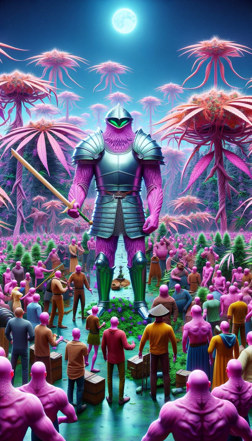 Pink Aliens Celebrate Armored Hero on Cannabis Planet