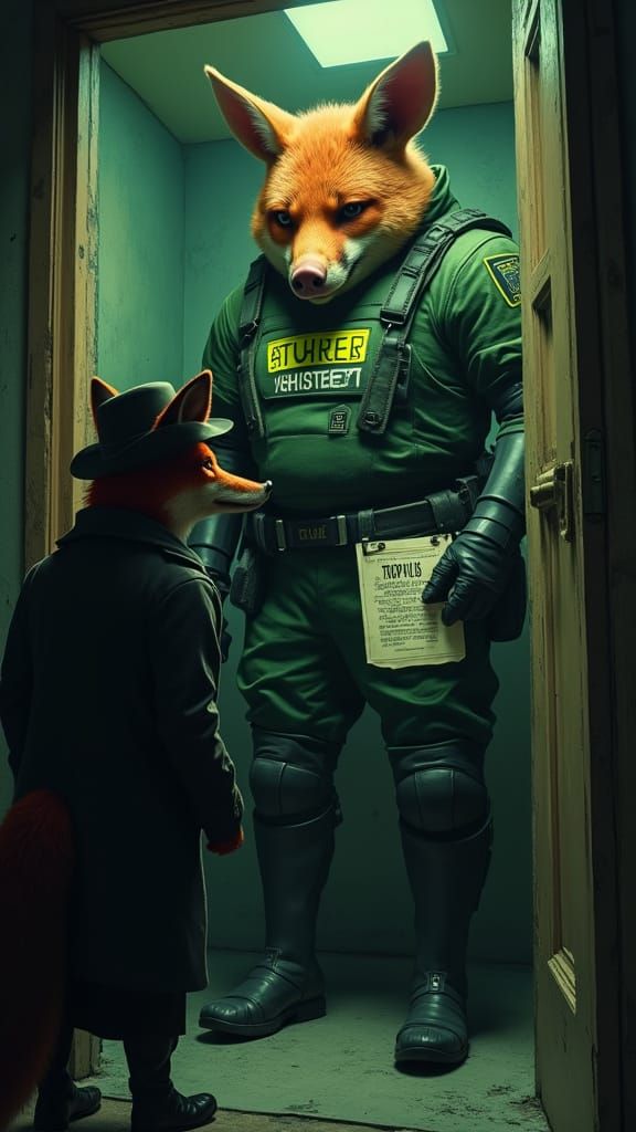 Fox Detective Investigates Pig in Cyberpunk Noir Scene