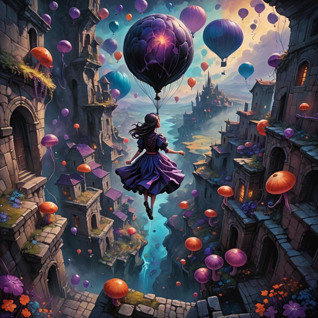 Balloon Girl's Descent: Dark Fantasy Concept Art
