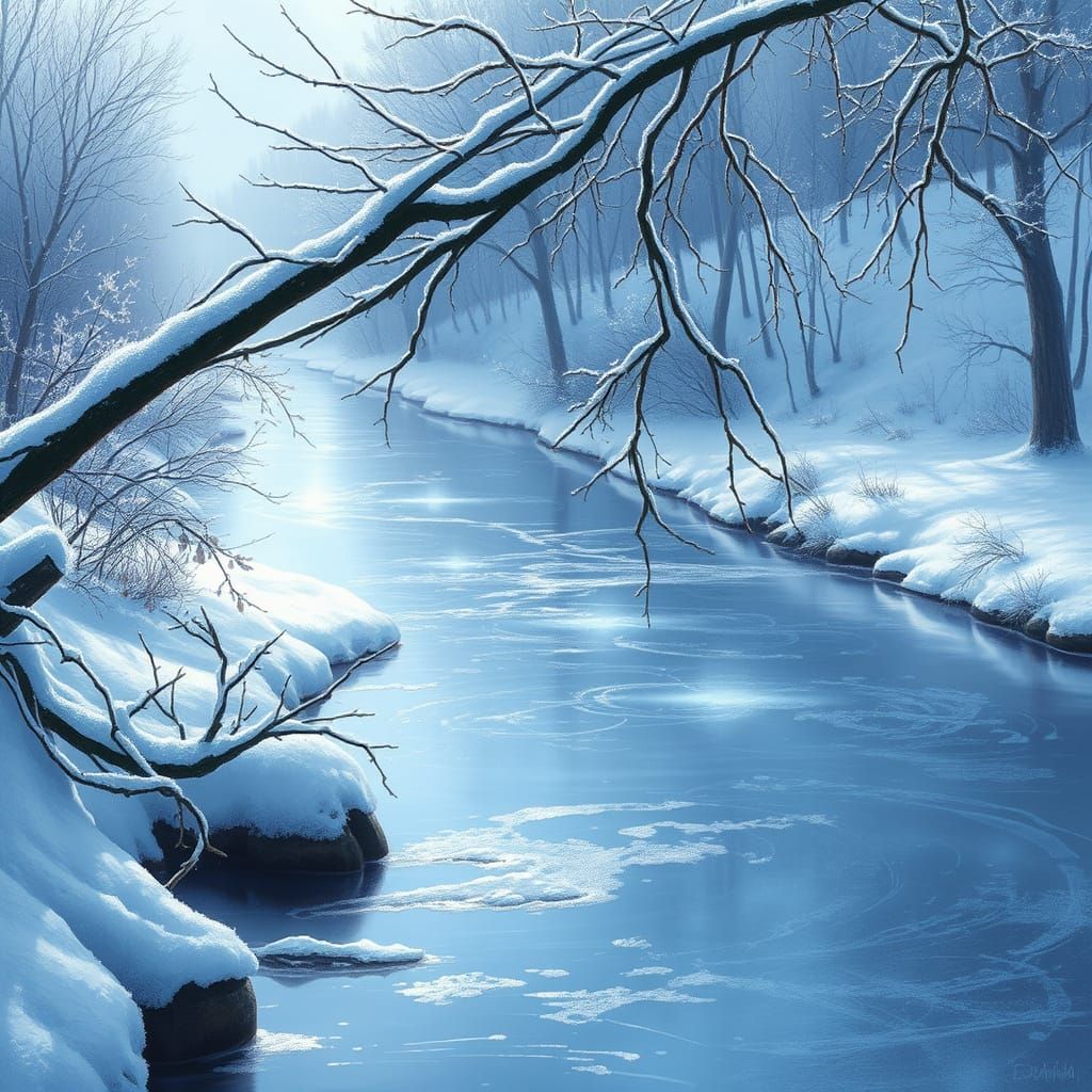 Peaceful Winter River Sanctuary in Magical Realism Style