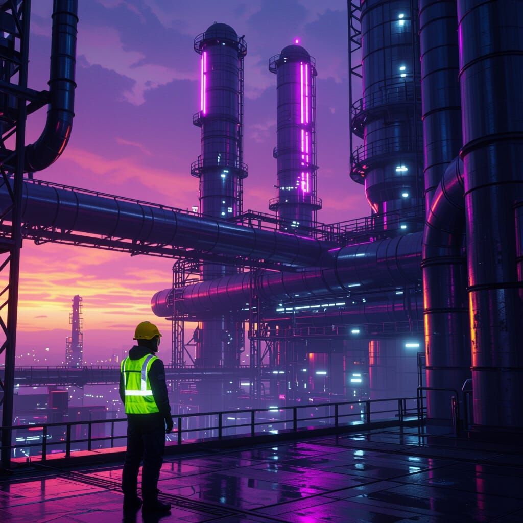 Cyberpunk Industrial Facility at Sunset with Neon Lights