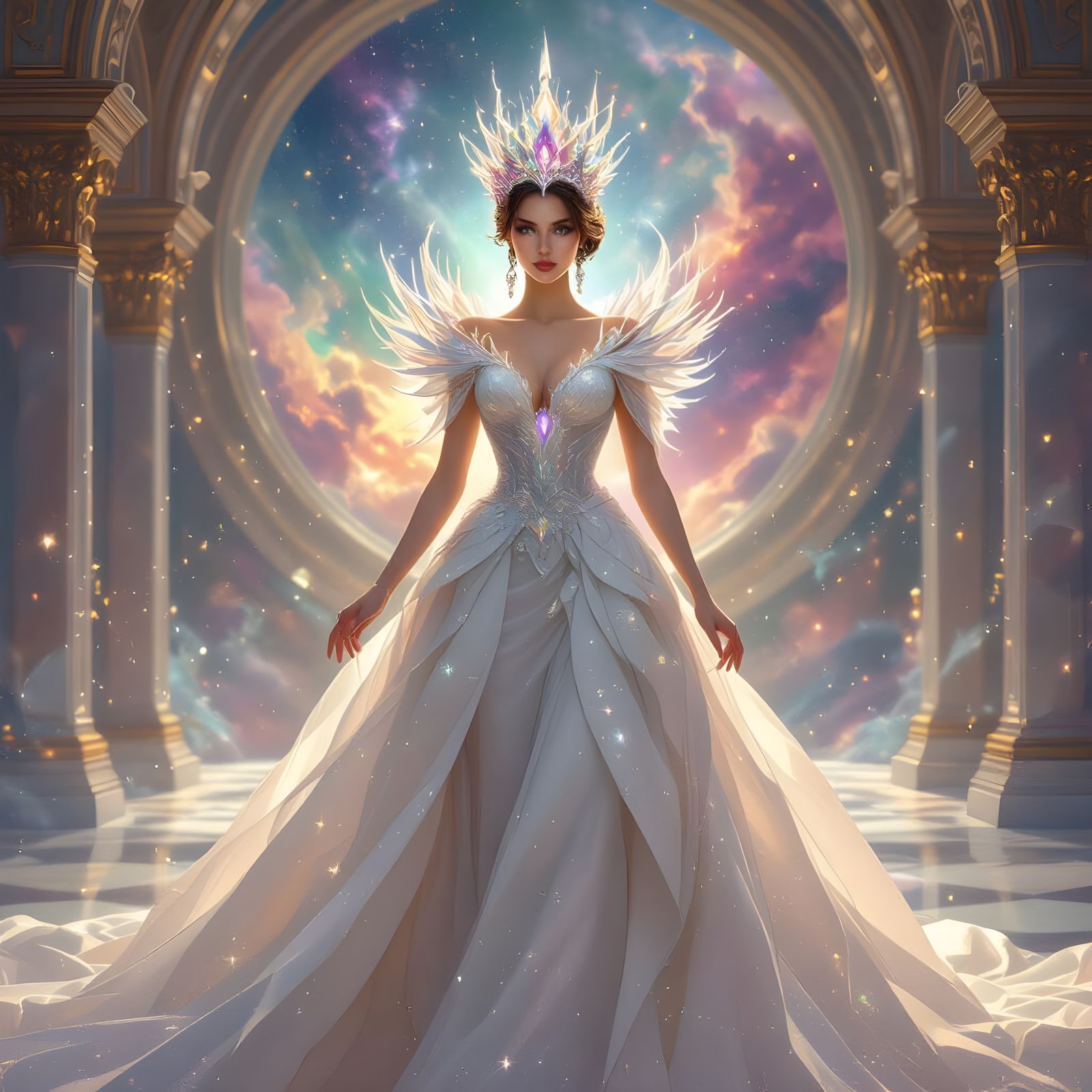Regal Queen with Pulsing Crystalline Crown in Cosmic Ballroo...