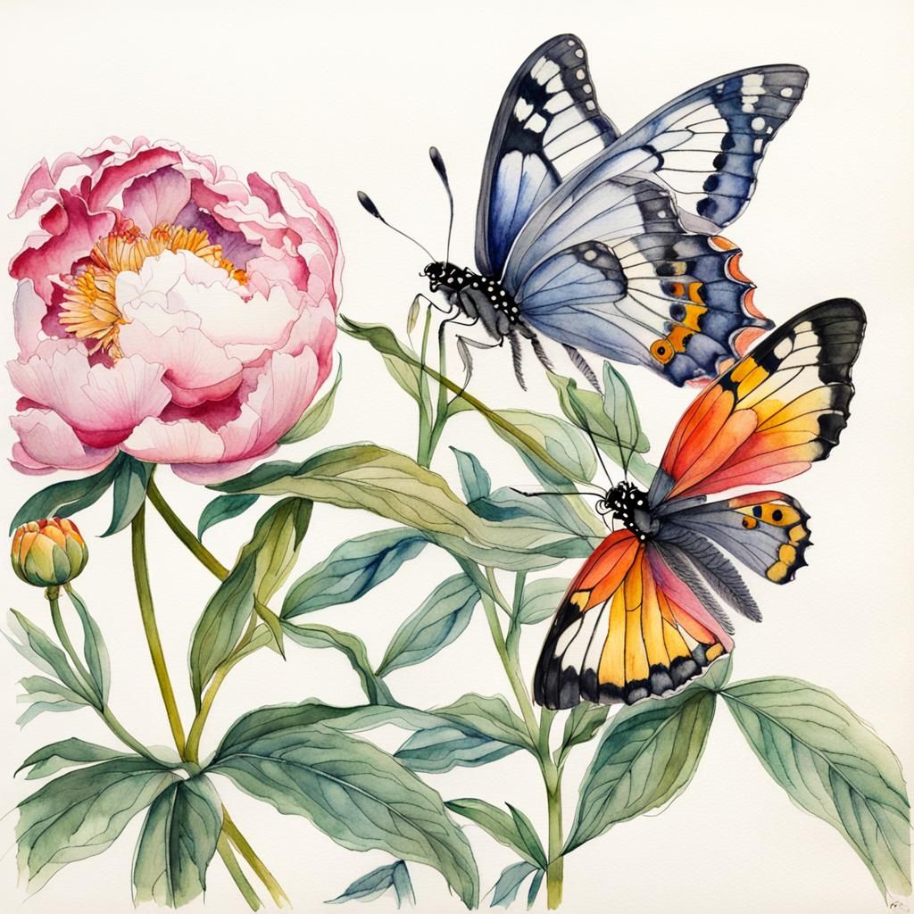 Peonies and Butterfly: Botanical Watercolor Illustration