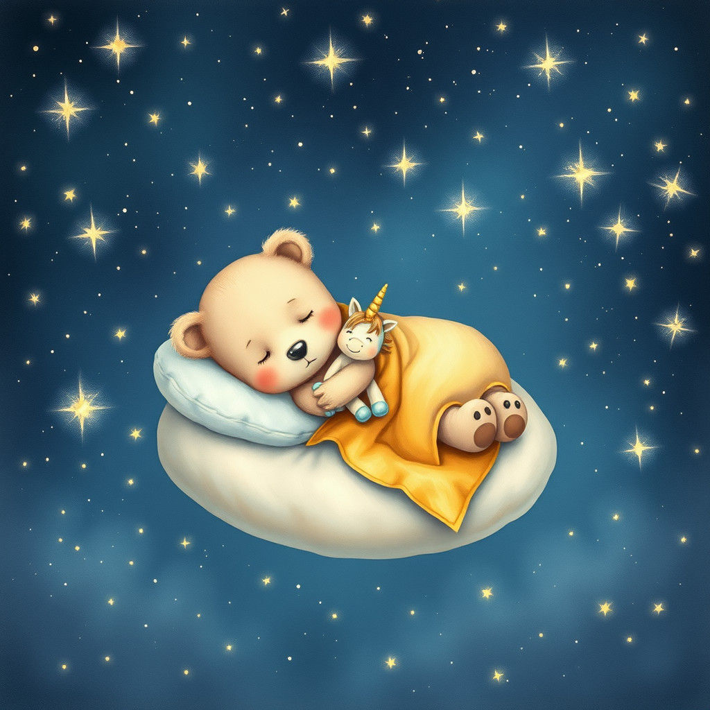 Baby Bear Asleep in Starry Sky, Dreamy Illustration