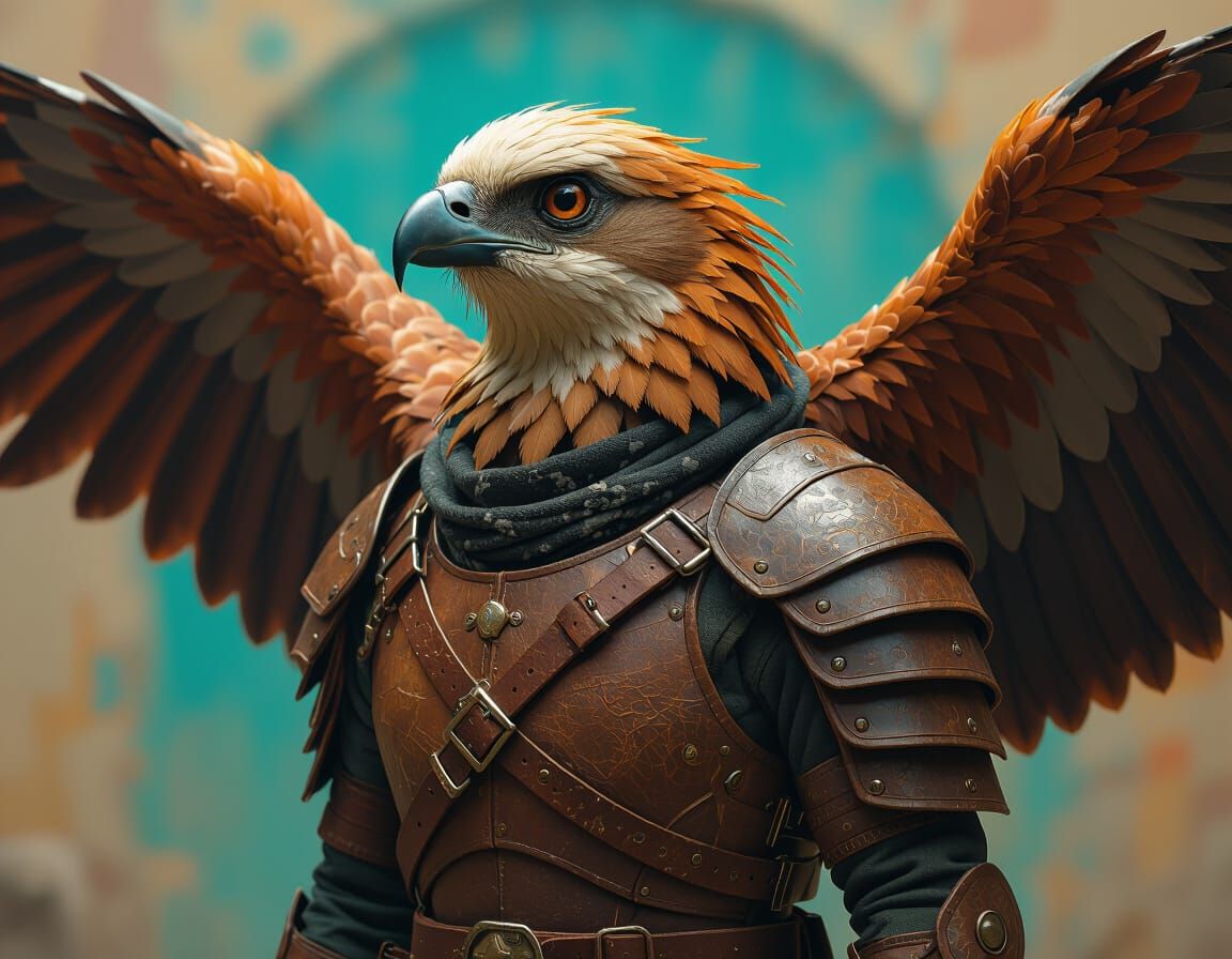 Humanoid Bird in Leather Armor, Hyperrealistic Style