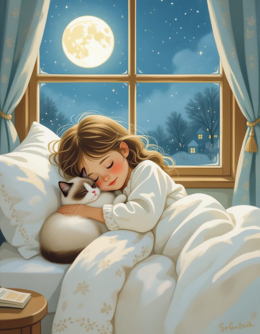 Girl and Siamese Cat Cuddle in Moonlit Bed