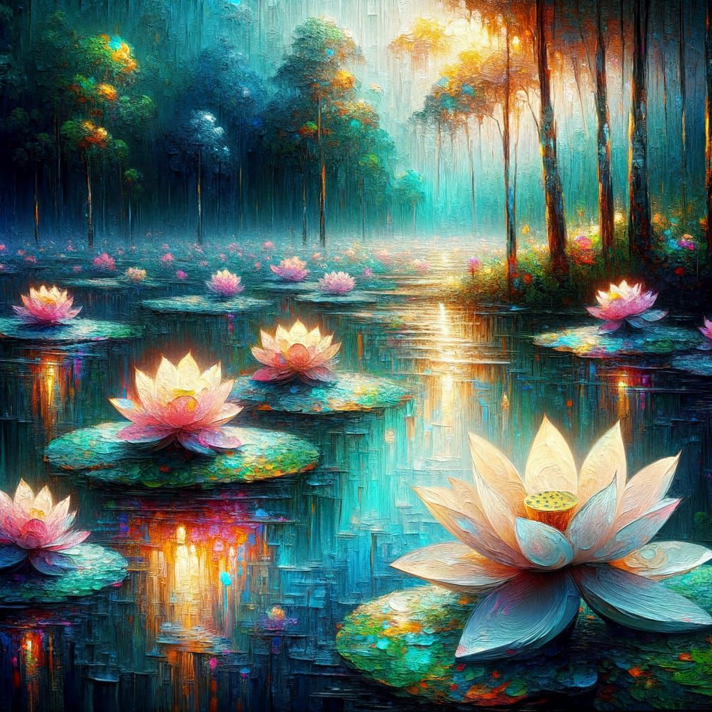 Impressionist Scene with Radiant Lotus Flowers in a Serene P...