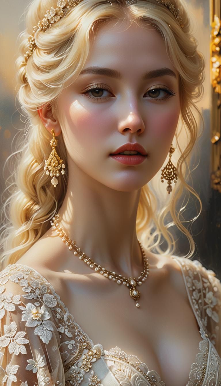 Blonde Goddess in Lace Gown: Renaissance-Inspired Portrait