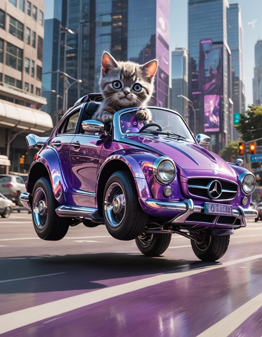 A purple holographic-bodied Mercedes / Chrysler  mustle car with a massive speeds down the highway