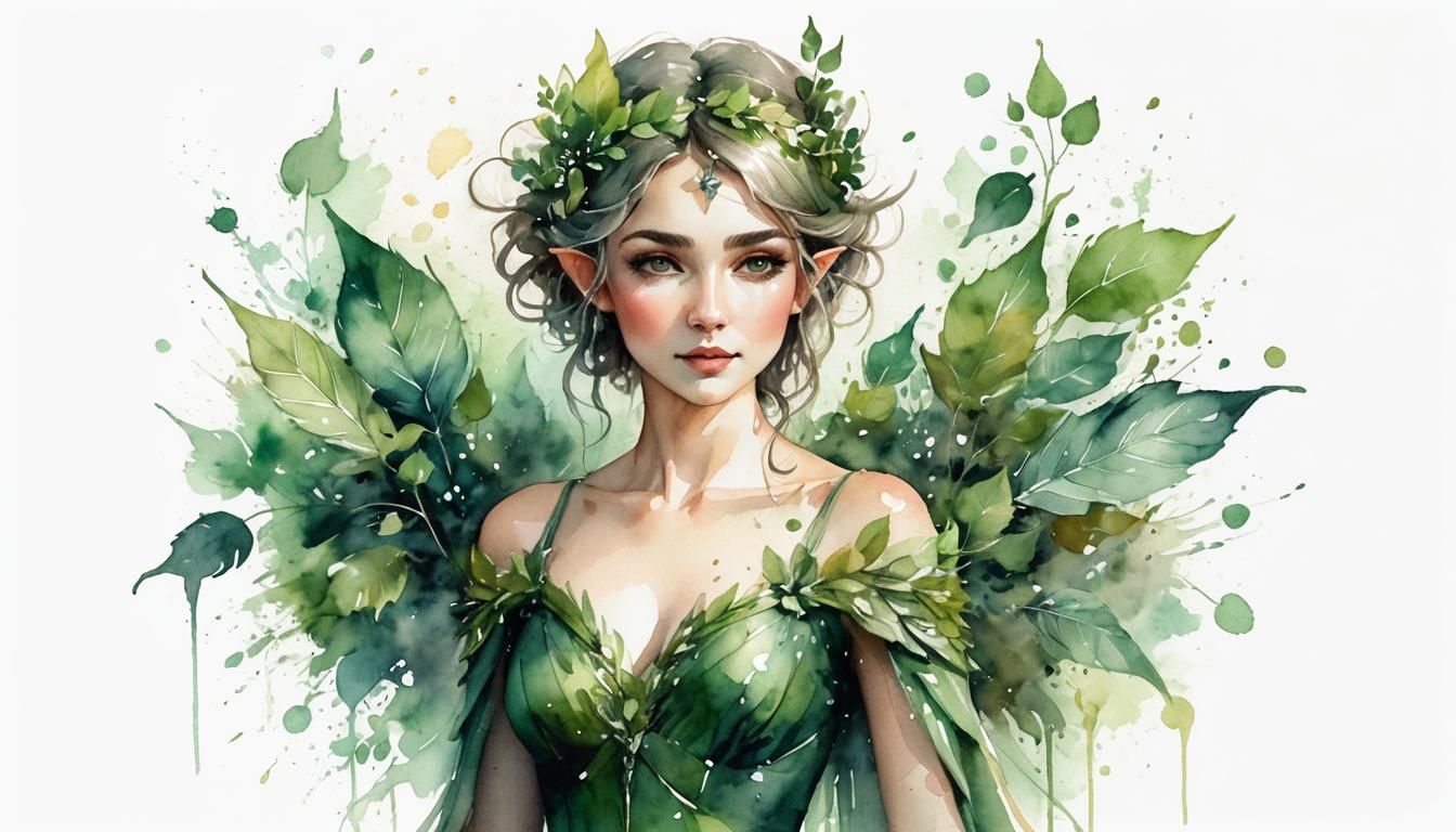 watercolour, alcohol ink, splash art. beautiful elven portrait, dress made from various shades of green leaf, walking to...