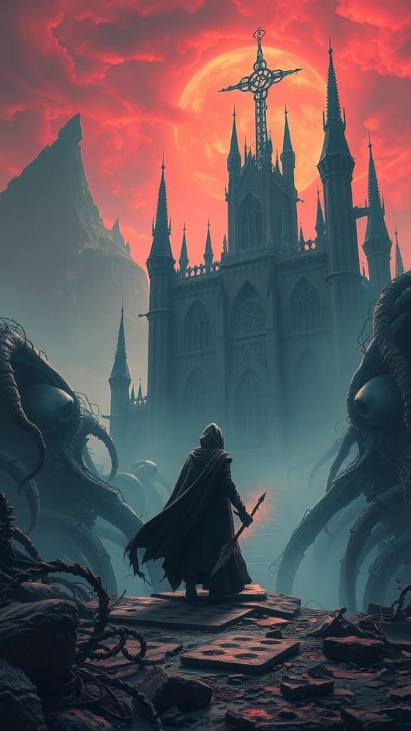 Ethereal Void Sorcerer in Twisted, Gothic Landscape