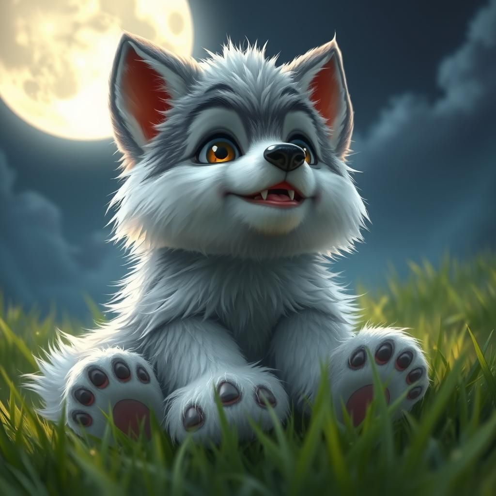 Fluffy Werewolf Puppy Howling at the Moon