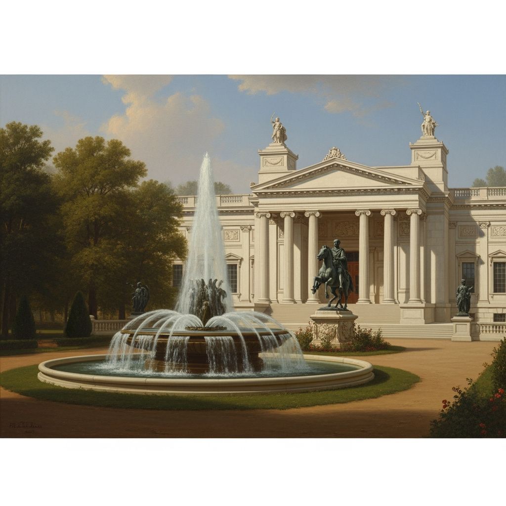 Neoclassical Painting of Building, Fountain, and Equestrian ...