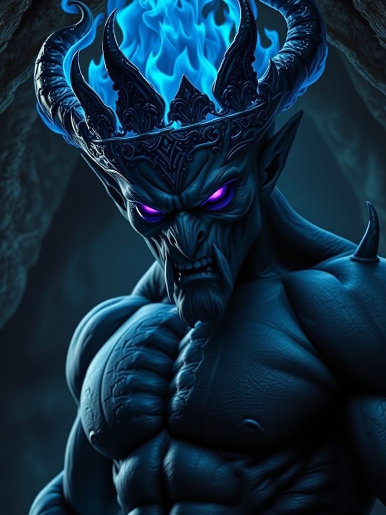 Obsidian Demon Bodybuilder With Blue Flame Crown
